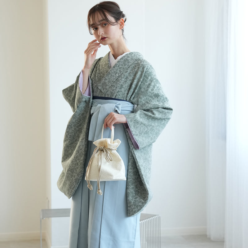 【リサイクル着物】 2尺袖着物 袴 2点セット 販売品 中古 USED くすみグリーン ボタニカル  袴95cm（身長約158-163cm）卒業式 大学生 ニコアンティーク（5183703912）【中古販売】