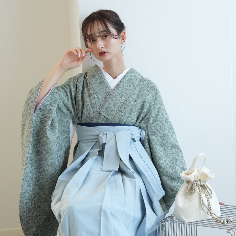 【リサイクル着物】 2尺袖着物 袴 2点セット 販売品 中古 USED くすみグリーン ボタニカル  袴95cm（身長約158-163cm）卒業式 大学生 ニコアンティーク（5183703912）【中古販売】