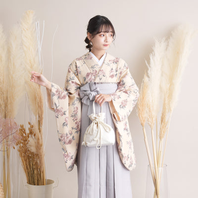 【リサイクル着物】 2尺袖着物 袴 2点セット 販売品 中古 USED ベージュ系 花柄  袴95cm（身長約158-163cm）卒業式 大学生 （5183706111）【中古販売】