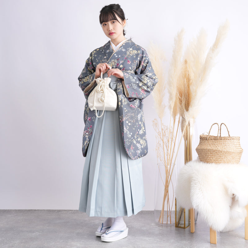 【リサイクル着物】 2尺袖着物 袴 2点セット 販売品 中古 USED 深緑 花柄  袴95cm（身長約158-163cm）卒業式 大学生 （5183707311）【中古販売】
