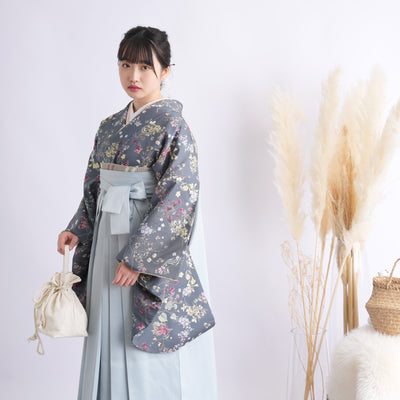 【リサイクル着物】 2尺袖着物 袴 2点セット 販売品 中古 USED 深緑 花柄  袴95cm（身長約158-163cm）卒業式 大学生 （5183707311）【中古販売】
