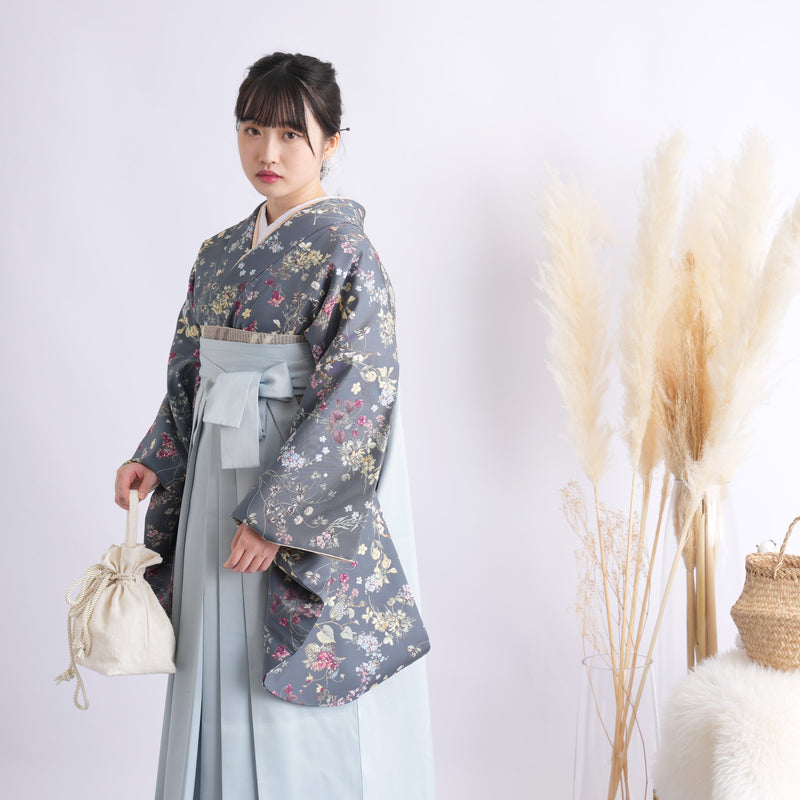 【リサイクル着物】 2尺袖着物 袴 2点セット 販売品 中古 USED 深緑 花柄  袴95cm（身長約158-163cm）卒業式 大学生 （5183707311）【中古販売】