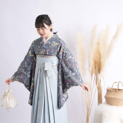 【リサイクル着物】 2尺袖着物 袴 2点セット 販売品 中古 USED 深緑 花柄  袴95cm（身長約158-163cm）卒業式 大学生 （5183707311）【中古販売】