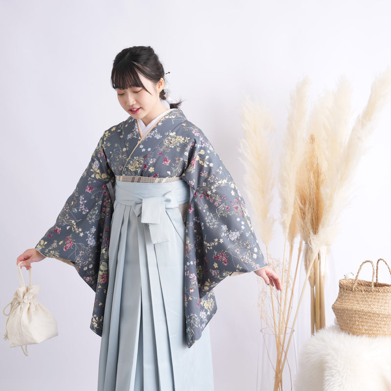 【リサイクル着物】 2尺袖着物 袴 2点セット 販売品 中古 USED 深緑 花柄  袴95cm（身長約158-163cm）卒業式 大学生 （5183707311）【中古販売】