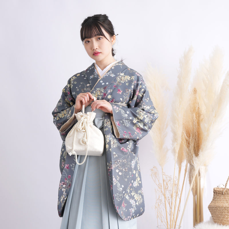 【リサイクル着物】 2尺袖着物 袴 2点セット 販売品 中古 USED 深緑 花柄  袴95cm（身長約158-163cm）卒業式 大学生 （5183707311）【中古販売】