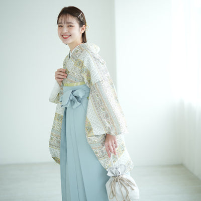 【リサイクル着物】 2尺袖着物 袴 2点セット 販売品 中古 USED ペイズリー 白系  袴95cm（身長約158-163cm）卒業式 大学生 （5183708211）【中古販売】