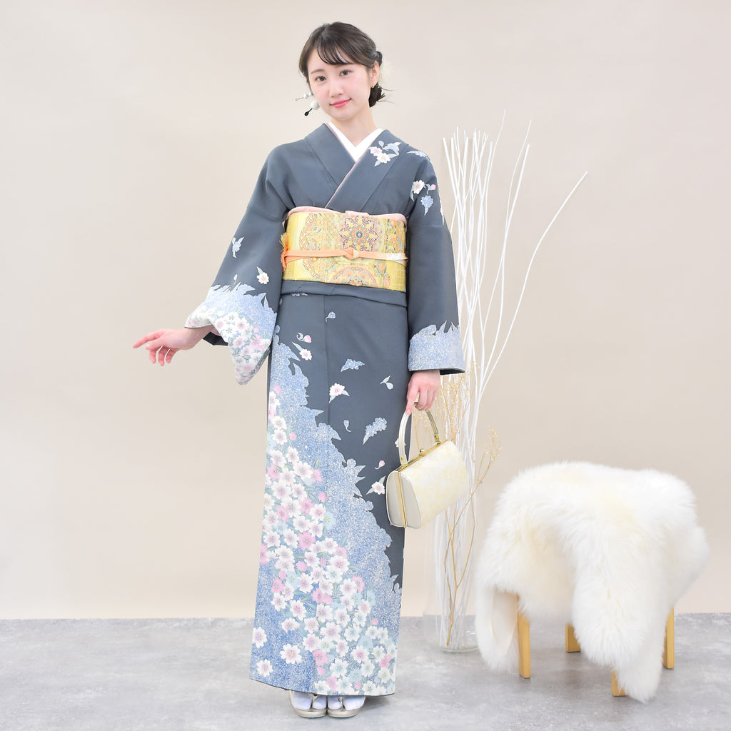 【リサイクル着物】 訪問着 着物 単品 販売 USED 正絹 紺系 桜