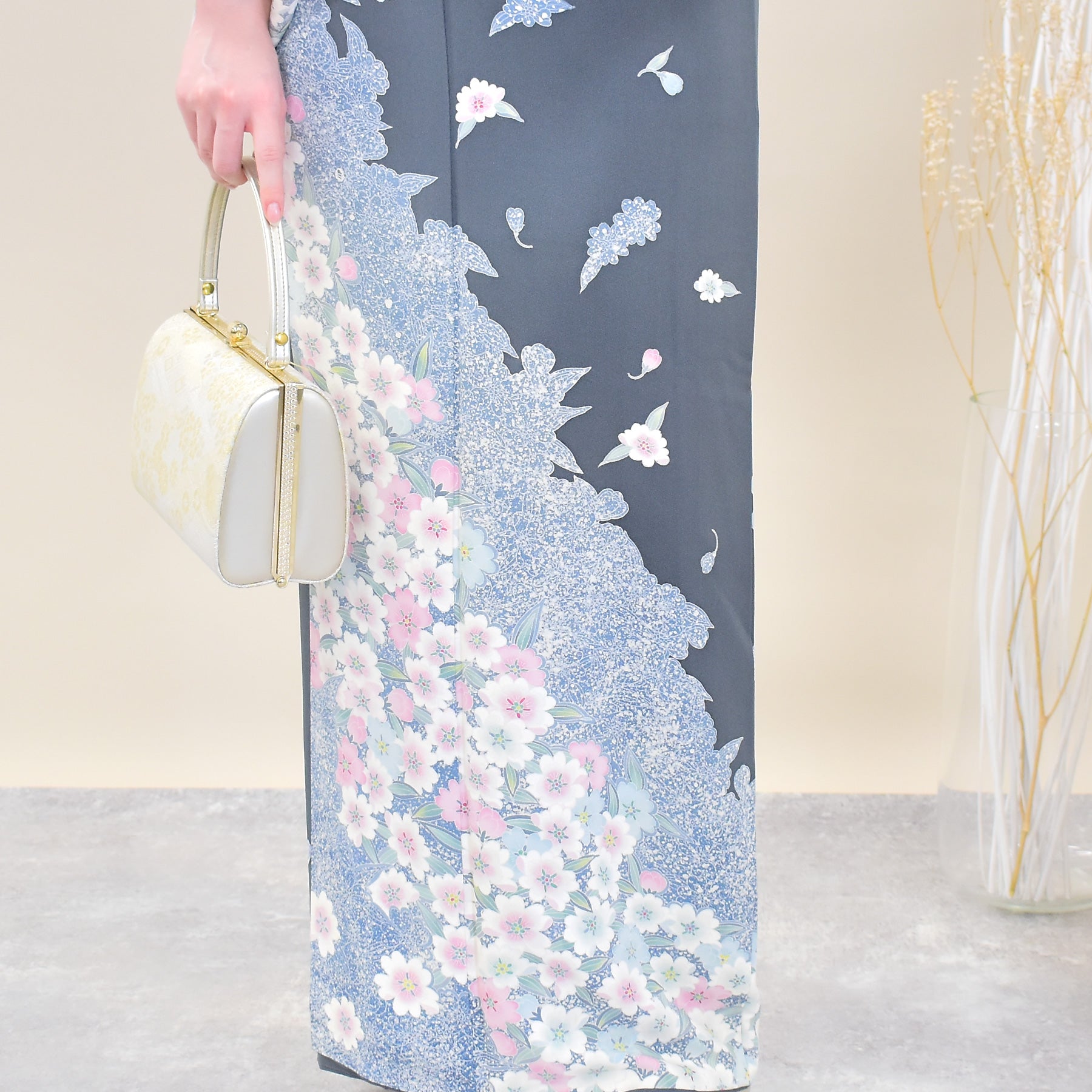 リサイクル着物】 訪問着 着物 単品 販売 USED 正絹 紺系 桜