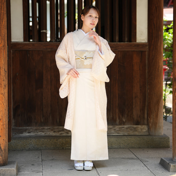 アンティーククリーム色の着物単品 訪問着t1283 JAPAN STYLE クリーム色七宝桜(化繊) | 着物
