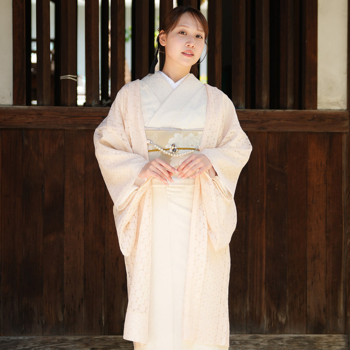 アンティーククリーム色の着物単品 クリーム色 一面の花 - からん::アンティーク着物・リサイクル