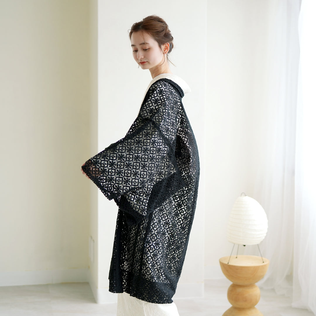 TaniYuuki タニノユ刺繍　館内着　ブラック　フリーサイズ　新品・未開封 羽織 ニコアンティーク レース 薄羽織 日本製 ブラック