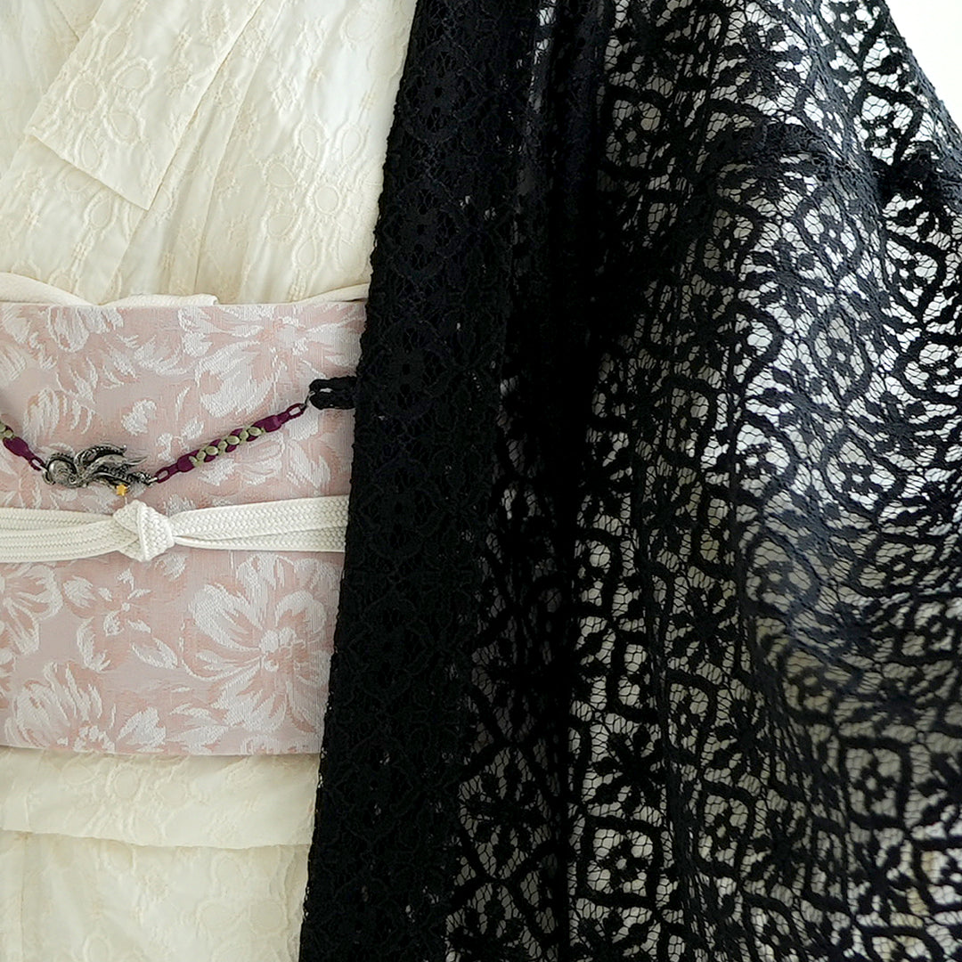 curios tokyoアンティークレース　羽織　ヴィンテージ ナイトジャケット 羽織 ニコアンティーク レース 薄羽織 日本製 ブラック（5223609000
