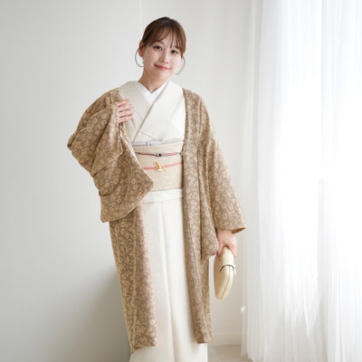 【薄羽織  モザイクフラワー　チョコ】長羽織  国産生地 フリーサイズ  和装コート ニコアンティーク（5223612200）
