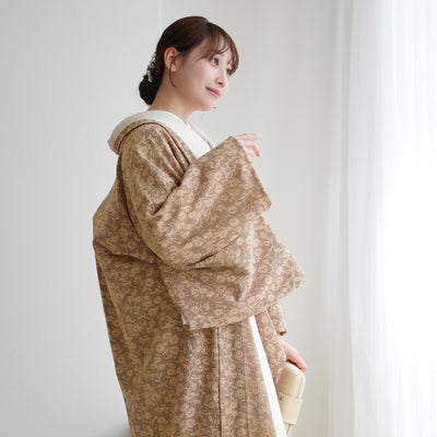 【薄羽織  モザイクフラワー　チョコ】長羽織  国産生地 フリーサイズ  和装コート ニコアンティーク（5223612200）