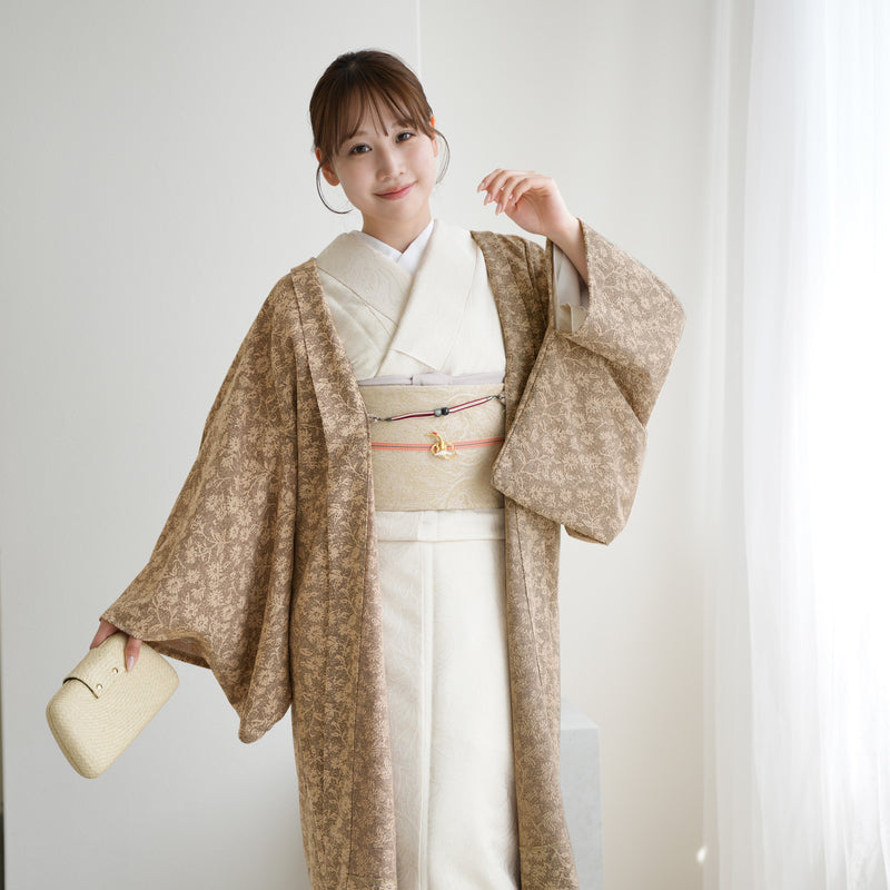 【薄羽織  モザイクフラワー　チョコ】長羽織  国産生地 フリーサイズ  和装コート ニコアンティーク（5223612200）