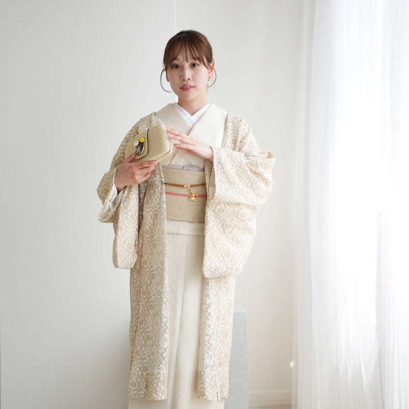 【レース羽織　クレマチス ベージュ】長羽織  国産生地 フリーサイズ  和装コート ニコアンティーク（5223612300）