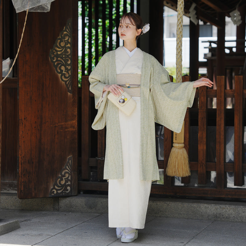 【薄羽織  レトログラフィカ グリーン×クリーム】長羽織  国産生地 フリーサイズ  和装コート ニコアンティーク（5223612400）