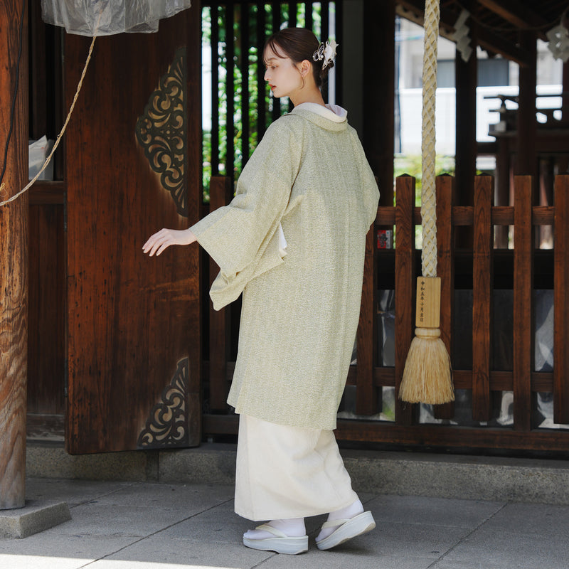 【薄羽織  レトログラフィカ グリーン×クリーム】長羽織  国産生地 フリーサイズ  和装コート ニコアンティーク（5223612400）
