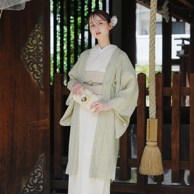 【薄羽織  レトログラフィカ グリーン×クリーム】長羽織  国産生地 フリーサイズ  和装コート ニコアンティーク（5223612400）
