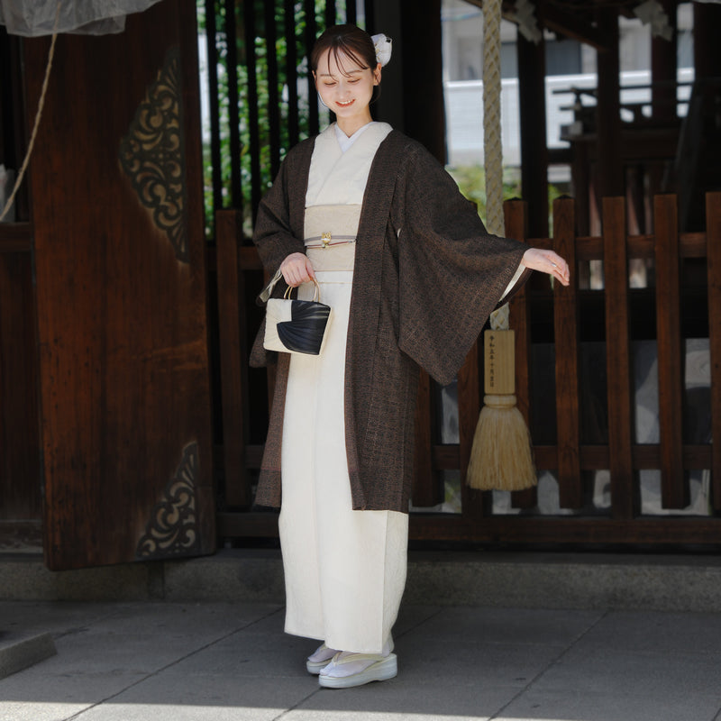 【薄羽織  レトログラフィカ ダーク×ブラウン】長羽織  国産生地 フリーサイズ  和装コート ニコアンティーク（5223612500）