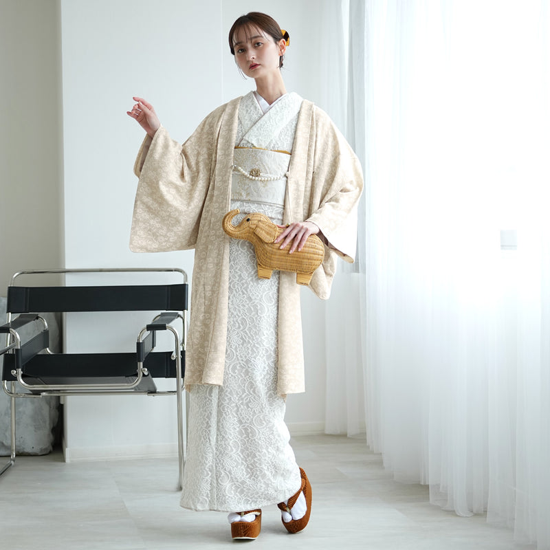 【薄羽織  モザイクフラワー　ベージュ】長羽織  国産生地 フリーサイズ  和装コート ニコアンティーク（5223612600）