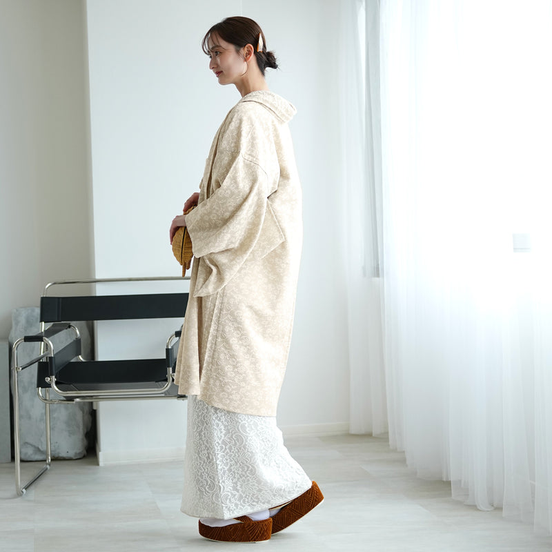 【薄羽織  モザイクフラワー　ベージュ】長羽織  国産生地 フリーサイズ  和装コート ニコアンティーク（5223612600）