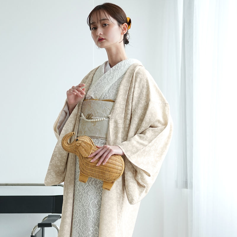 【薄羽織  モザイクフラワー　ベージュ】長羽織  国産生地 フリーサイズ  和装コート ニコアンティーク（5223612600）