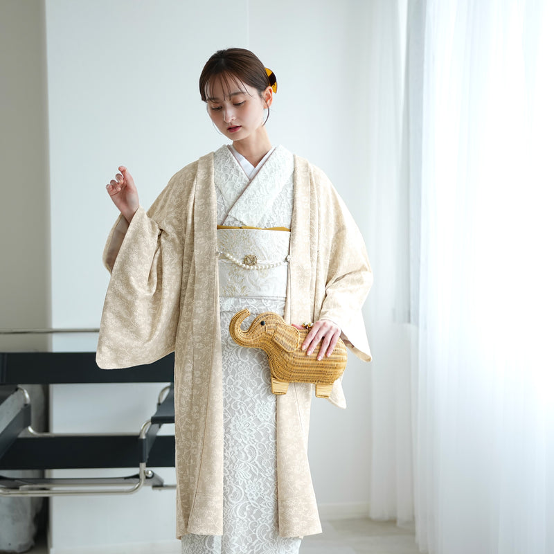 【薄羽織  モザイクフラワー　ベージュ】長羽織  国産生地 フリーサイズ  和装コート ニコアンティーク（5223612600）