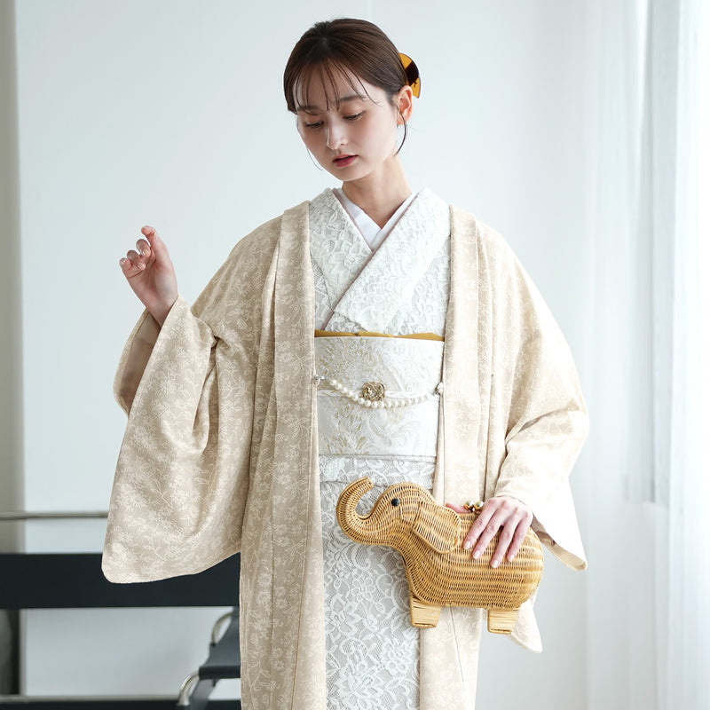 【薄羽織  モザイクフラワー　ベージュ】長羽織  国産生地 フリーサイズ  和装コート ニコアンティーク（5223612600）