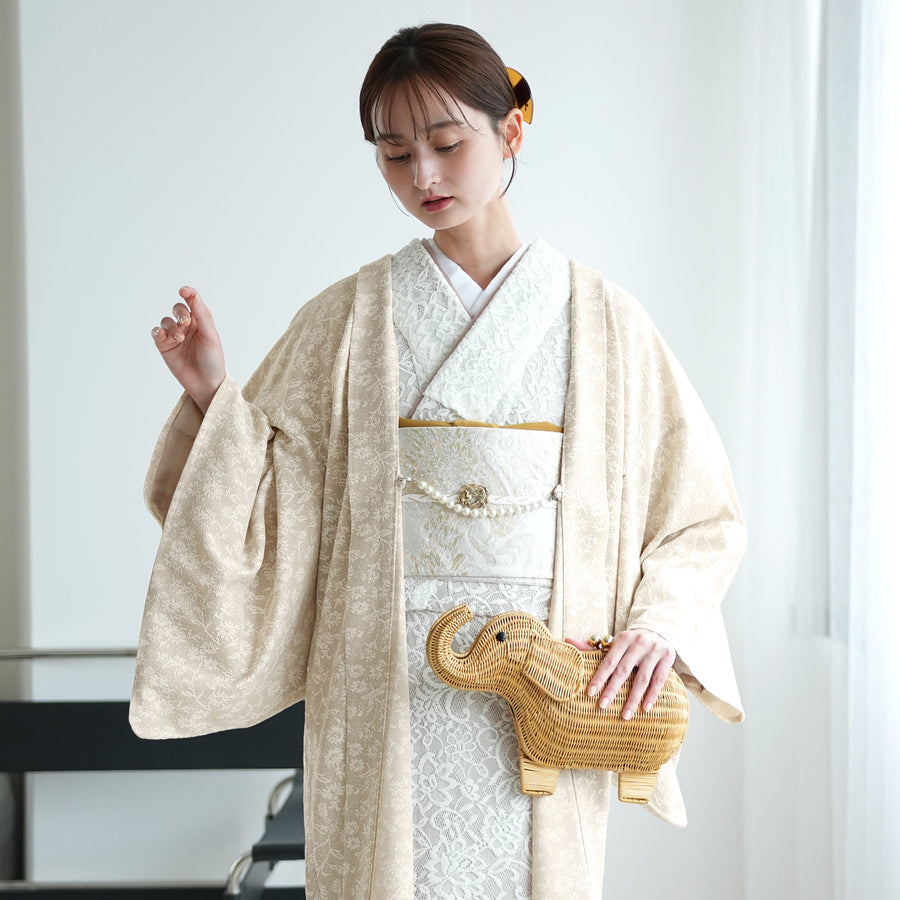 新品タグ付き &ellecy 唐獅子牡丹羽織 着物コート 紫 唐獅子牡丹の袋帯 44,000円(税込)帯24-02-17ご売約済