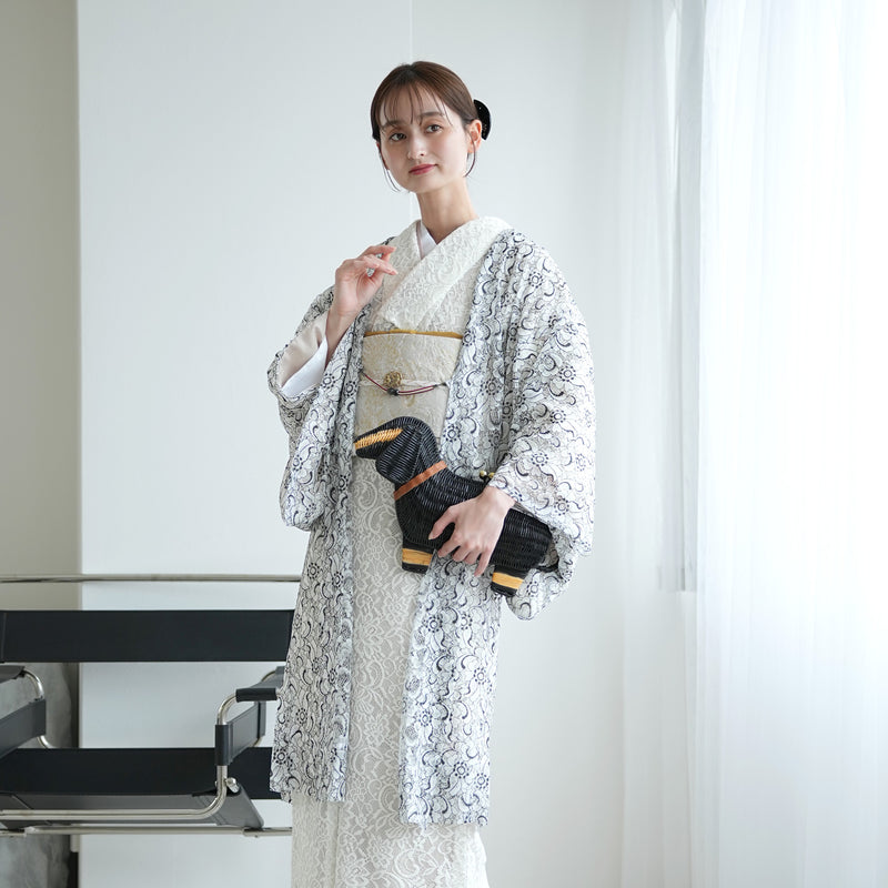 【レース羽織  ハナグラフ モノクローム】長羽織  国産生地 フリーサイズ  和装コート ニコアンティーク（5223612700）