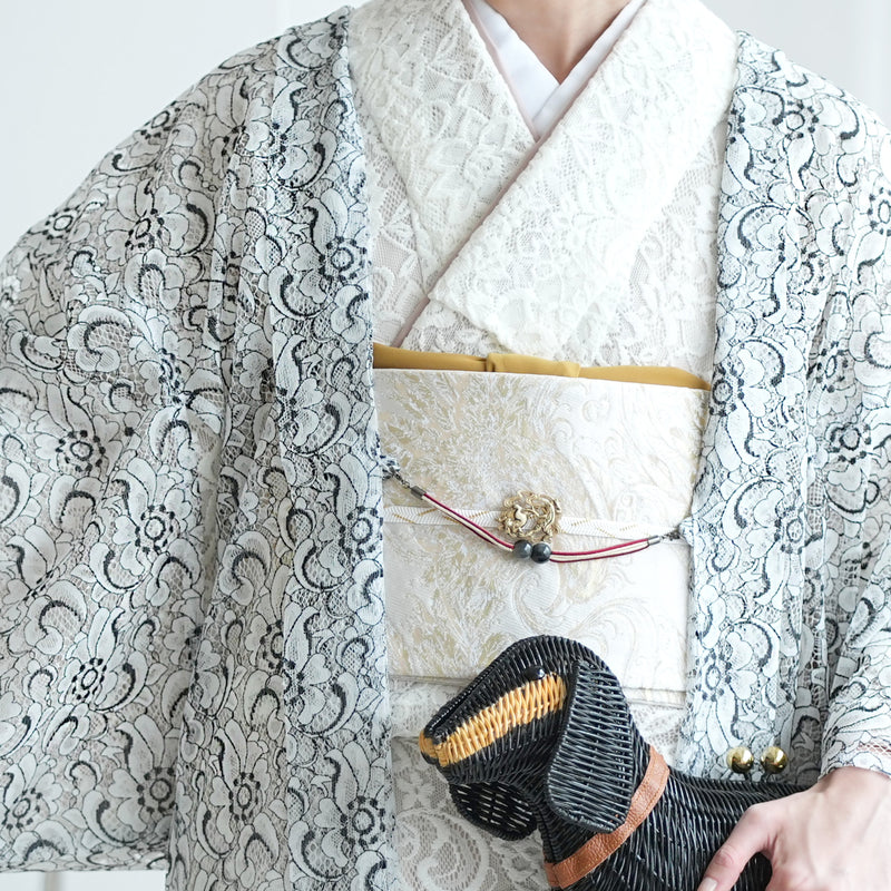 【レース羽織  ハナグラフ モノクローム】長羽織  国産生地 フリーサイズ  和装コート ニコアンティーク（5223612700）