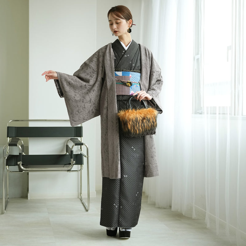 【レース羽織  ボタニカル・マロン】長羽織  国産生地 フリーサイズ  ペイズリー 花柄 茶グレー 和装コート ニコアンティーク（5223612900）