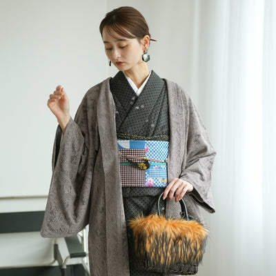 【レース羽織  ボタニカル・マロン】長羽織  国産生地 フリーサイズ  ペイズリー 花柄 茶グレー 和装コート ニコアンティーク（5223612900）