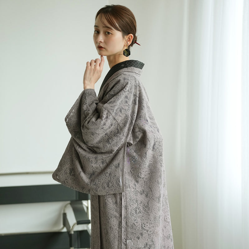 【レース羽織  ボタニカル・マロン】長羽織  国産生地 フリーサイズ  ペイズリー 花柄 茶グレー 和装コート ニコアンティーク（5223612900）