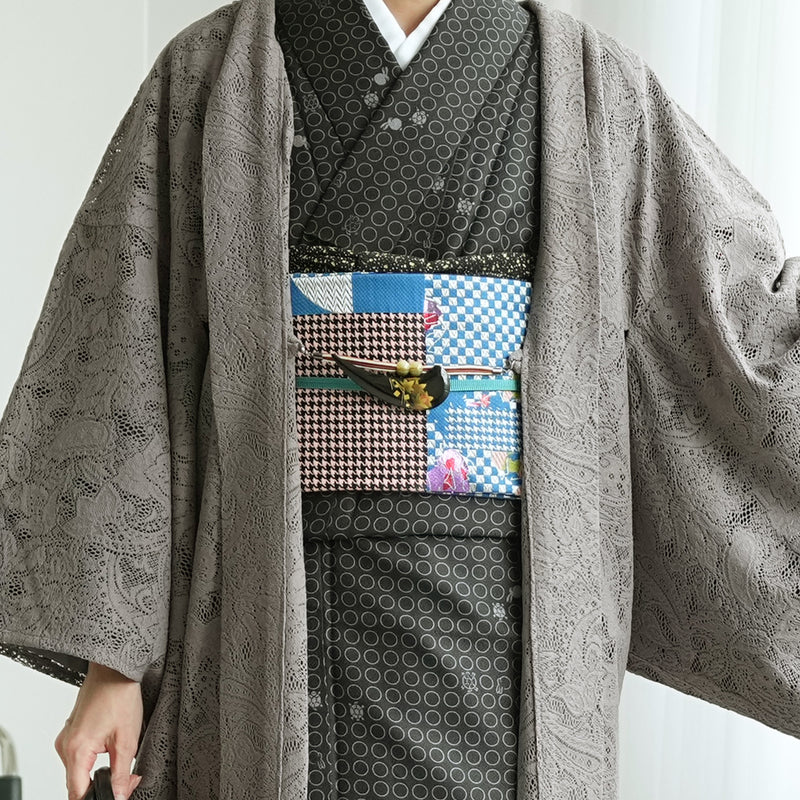 【レース羽織  ボタニカル・マロン】長羽織  国産生地 フリーサイズ  ペイズリー 花柄 茶グレー 和装コート ニコアンティーク（5223612900）