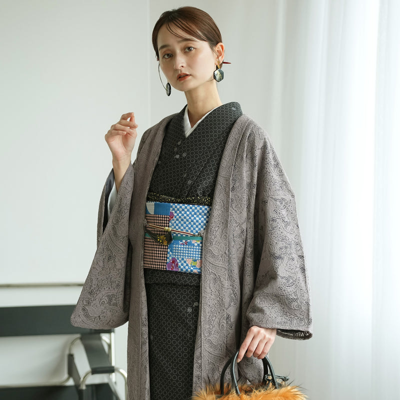 【レース羽織  ボタニカル・マロン】長羽織  国産生地 フリーサイズ  ペイズリー 花柄 茶グレー 和装コート ニコアンティーク（5223612900）