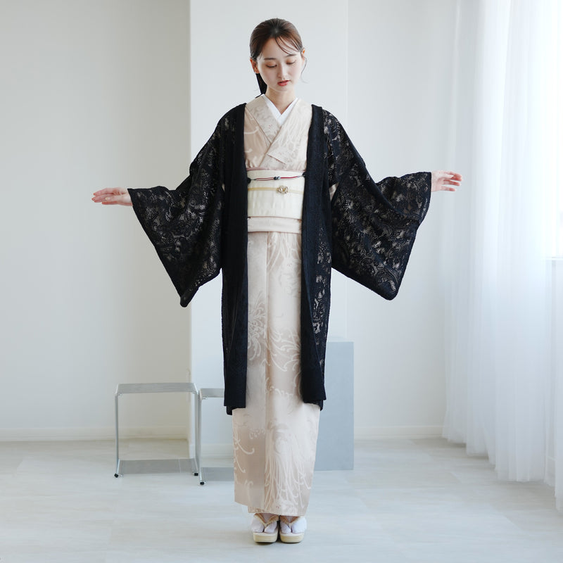 【レース羽織  ボタニカル・ノワール】長羽織  国産生地 フリーサイズ  ペイズリー 花柄 黒 和装コート ニコアンティーク（5223613000）