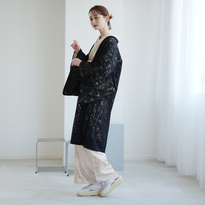 【レース羽織  ボタニカル・ノワール】長羽織  国産生地 フリーサイズ  ペイズリー 花柄 黒 和装コート ニコアンティーク（5223613000）