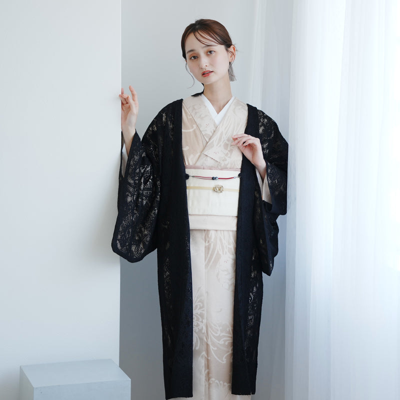 【レース羽織  ボタニカル・ノワール】長羽織  国産生地 フリーサイズ  ペイズリー 花柄 黒 和装コート ニコアンティーク（5223613000）