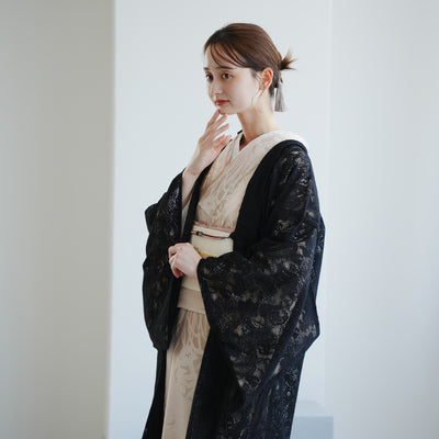 【レース羽織  ボタニカル・ノワール】長羽織  国産生地 フリーサイズ  ペイズリー 花柄 黒 和装コート ニコアンティーク（5223613000）