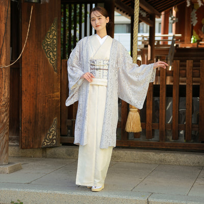 【レース羽織  アマイロ・クラシカ】長羽織  国産生地 フリーサイズ  薄グレー ミルパレース ボリュームレース 和装コート ニコアンティーク（5223613100）