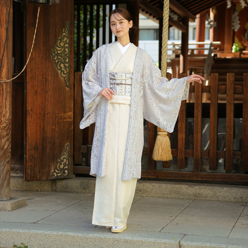 【レース羽織  アマイロ・クラシカ】長羽織  国産生地 フリーサイズ  薄グレー ミルパレース ボリュームレース 和装コート ニコアンティーク（5223613100）