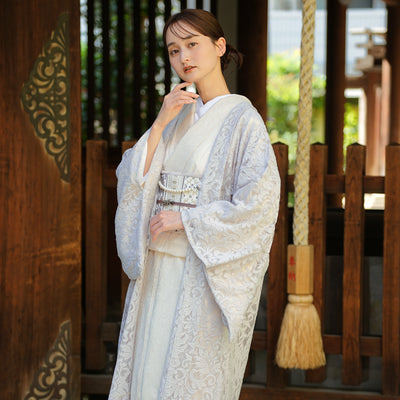 【レース羽織  アマイロ・クラシカ】長羽織  国産生地 フリーサイズ  薄グレー ミルパレース ボリュームレース 和装コート ニコアンティーク（5223613100）