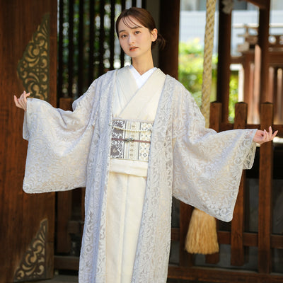 【レース羽織  アマイロ・クラシカ】長羽織  国産生地 フリーサイズ  薄グレー ミルパレース ボリュームレース 和装コート ニコアンティーク（5223613100）