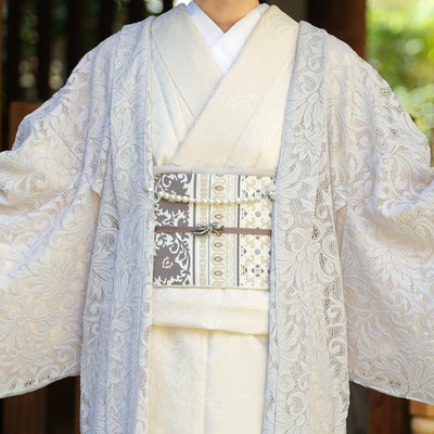 【レース羽織  アマイロ・クラシカ】長羽織  国産生地 フリーサイズ  薄グレー ミルパレース ボリュームレース 和装コート ニコアンティーク（5223613100）