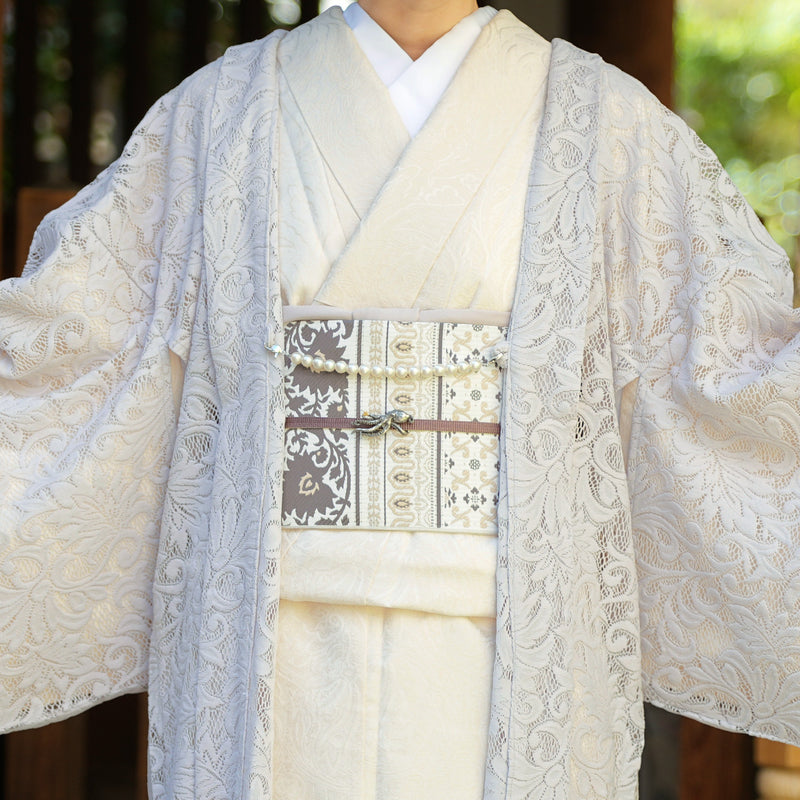 【レース羽織  アマイロ・クラシカ】長羽織  国産生地 フリーサイズ  薄グレー ミルパレース ボリュームレース 和装コート ニコアンティーク（5223613100）