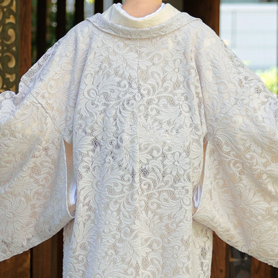 【レース羽織  アマイロ・クラシカ】長羽織  国産生地 フリーサイズ  薄グレー ミルパレース ボリュームレース 和装コート ニコアンティーク（5223613100）