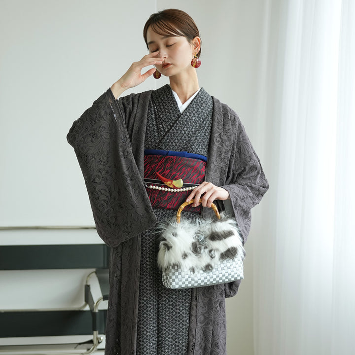 ▼24SS 未使用級✨ティッカ 総レースフラワーノーカラージャケット 羽織 黒 レース羽織 スミクロ・クラシカ】長羽織 国産生地 フリーサイズ