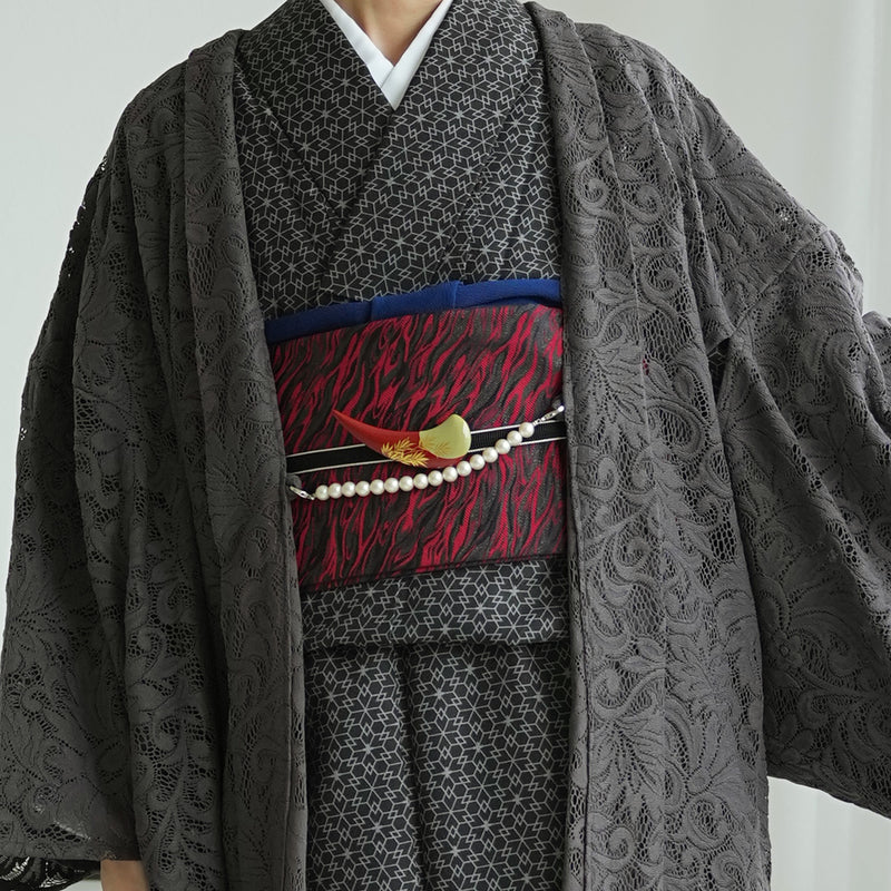 【レース羽織  スミクロ・クラシカ】長羽織  国産生地 フリーサイズ  ペイズリー 花柄 チャコールグレー 和装コート ニコアンティーク（5223613200）